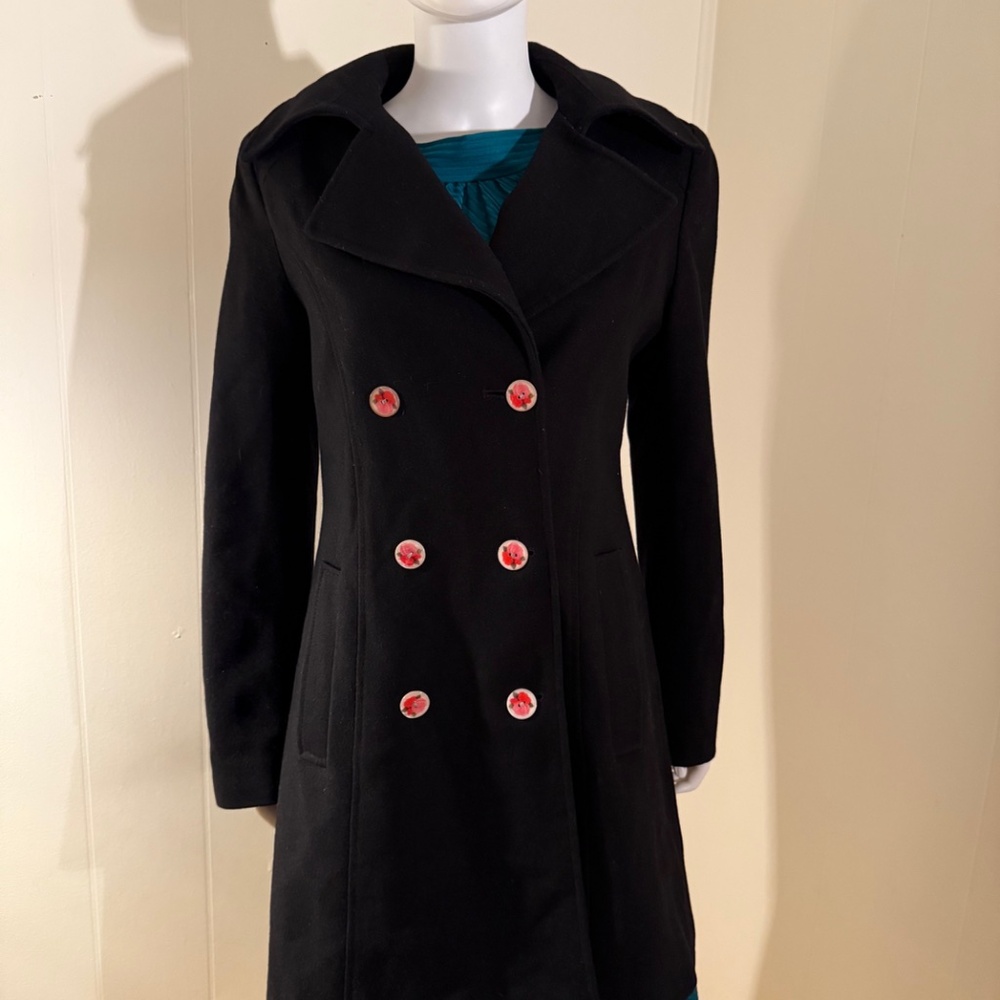OOAK Michael Kors, sz 8 Double-Breasted Black Wool Coat with Rose Button Detail - Picture 2 of 10